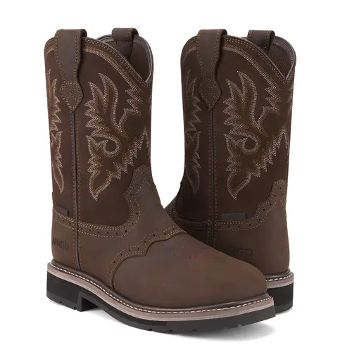 NINGO Men's Western Cowboy Work Boots, Full Grain Leather with Square Toe, Waterproof Steel Toe Construction Footwear, Slip & Oil-Resistant, Western Aesthetic, Cowboy Aesthetic