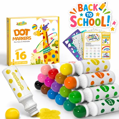 【Back to School Shopping】JUPITEARTH 16-Color Easy Grip Unisex Washable Ink Dot Markers for Toddlers - Buy 1 Get Free Bingo Markers Art Crafting Kit with 120 PDF, 24 Printed Activity Papers, Precision Pens, School Supplies, Kids' Cool Gifts, Animal tiktoks