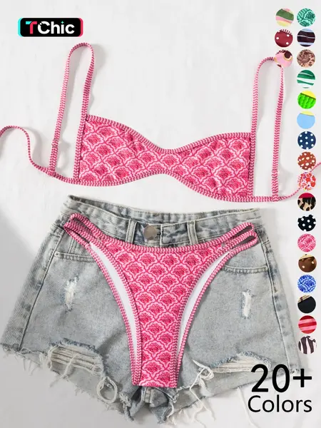 Women's Summer New Ethnic Print Sexy Bikini Set, Sleeveless Quick Dry Thong Bottoms, Beach Resort Pool Party Fashion Swimwear, Printed Bikini Set