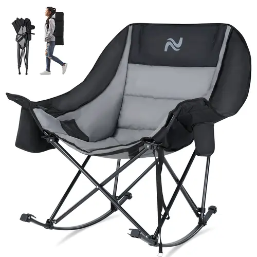 Lilypelle Oversized Rocking Folding Camping Beach Chair, Fully Padded High-Back Patio Outdoor Chair with Cooler Bag, Cup Holder & Headrest, Heavy-Duty 400 LBS Portable Recliner for Adults, Folding Camping Chair