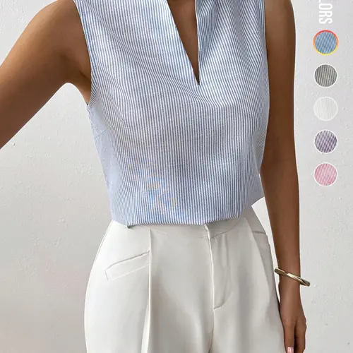 【Back to School Outfits】Women's Striped Print Curved Hem Tank Top, Casual Sleeveless Fitted Top for Work Office Business, Ladies Clothes for Summer, Womenswear