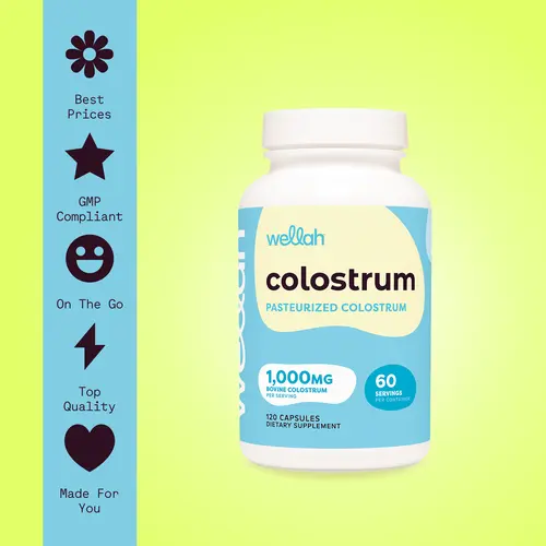 Wellah Colostrum Capsules - 1000mg Pasteurized Bovine Colostrum - 60 Servings - Health Probiotics & Antioxidant Drink - Dietary Supplement Healthcare Vitamin