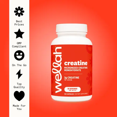 Wellah Creatine Monohydrate Capsules 3000mg | 30 Servings | Pre Workout & Fitness Endurance Supplement | Micronized Formula | 120 Edible Capsules