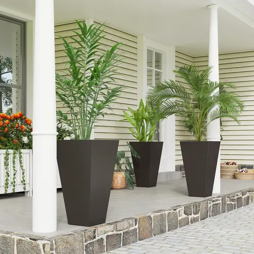 #tiktokshopbacktoschool 【Set of 3】Outsunny Set of 3 Tall Planters with Drainage Hole, 28" Outdoor Flower Plant Pots, Indoor Planters for Porch Patio and Deck
