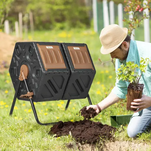Outsunny 34.5 Gal Dual Chamber Compost Tumbler Bin - Outdoor Composting Bin with 24 Vent Openings, 360° Hands-Free Mixing, Steel-Leg Stability, Large Capacity Handles Garden Waste, Durable Steel Frame