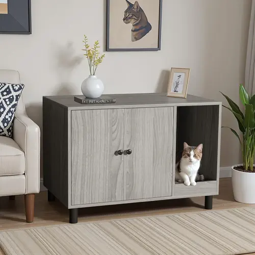 Warcat Cat Litter Box Enclosure Furniture - Modern Barn Door End Table, Hidden Cat Washroom with Litter Tray, Scratch Pad, Odor Seal, Built to Last, Provides Privacy, Quick Assembly, Messless Clean