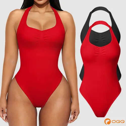 OQQfitness Womenswear Halter Neck Sexy Ribbed Backless Basic Sleeveless Cute Pleated Bodysuits Women for Gym Soft Wear Minimalist Comfortable Tops,back to school,back to school shopping