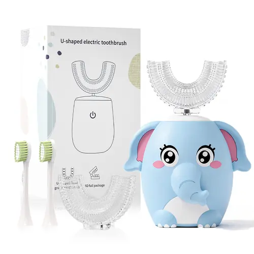 U-Shaped Kids Electric Toothbrush, Rechargeable Cordless Sonic Model for 2-6 Years Old Toddlers, Compact & Easy to Carry Oral Care Tools Accessory Kit, Blue Elephant Christmas Gift Dental Cleaner