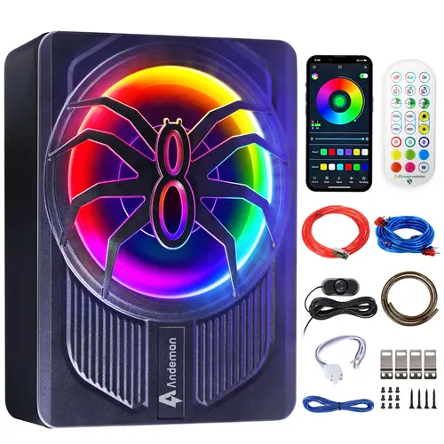 ANDEMAN 10in Cast Aluminum Powered Subwoofer - Speakers for Car, Car Audio Accessories, Automotive Audio Speakers, Heavy Bass Stereo, Color Light, App & Remote Control, Rechargeable Battery