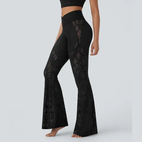 Halara Softlyzero High Waisted Crossover Back Pocket Contrast Lace Flare Yoga Leggings
