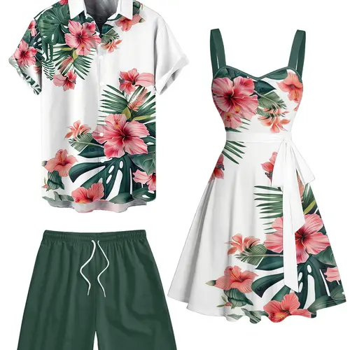 2026 Vacation Couple Outfit Women's Tropical Floral Leaf Pattern Ruched Bust Belted Dress and Men's Roll Up Sleeve Shirt Solid Color Drawstrings Beach Shorts Outfit