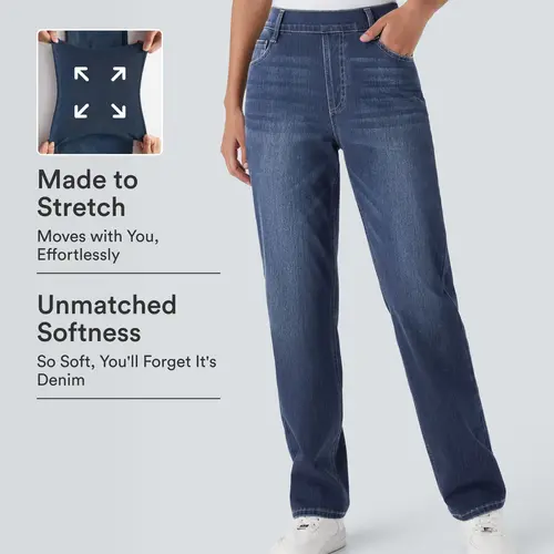 Halara Flex High Waisted Pockets Straight Leg Washed Casual Jeans