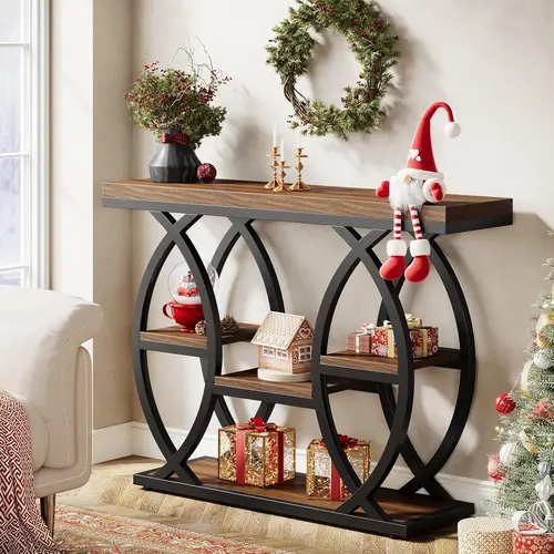 LITTLE TREE 39.4" Console Table, Industrial 4-Tier Sofa Table Entryway Table with Storage Shelves, Narrow Wood Accent Tables with Metal Frame for Small Spaces, Hallway, Foyer