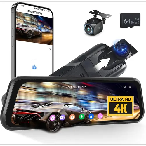 HIKITY 9.66" 4K Mirror Dash Cam Car Driving Recorder - Dual-Cam Car Cameras with Front-Facing HD, Rear View, AHD Waterproof Truck-Mounted Backup Cameras, Night Vision, G-Sensor, Parking Assistance, APP Control, 24H Parking Monitor, BSD, Father's Day Gift
