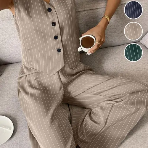 Two-Piece Set Women's Striped Button Front Tank Top & Pants, Casual Sleeveless Top & Trousers for Daily Wear, Ladies Clothes for Summer, Fitted Clothing Set, Striped Sets, Casual Outfits Women, Matching Clothing Set