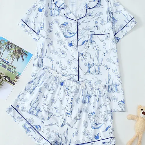 Women's All-Over Print Pajama Set with Short-Sleeve Top and Shorts, Comfortable Summer Sleepwear, Loungewear