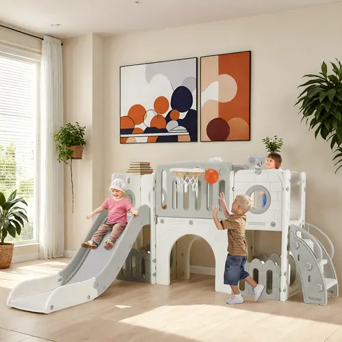 Arlopu 9 in 1 Large Toddler Slide, Kid Playset w/Long Slope, Baby Climber Set w/Basketball Hoop, Telescope, Tunnel, Storage Space, Enclosed Steps, Indoor Outdoor Playground,