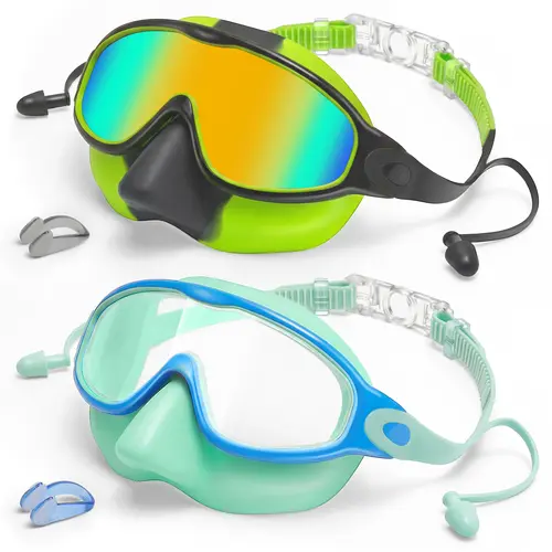 SwimWear 2 Pack Swim Goggles for Kids Ages 3-15 Anti-Fog Anti-UV Wide Vision Waterproof No Leak Swimming Goggles with Nose Clip for Boys and Girls Outdoor Activities Swim Glasses Swim Kit