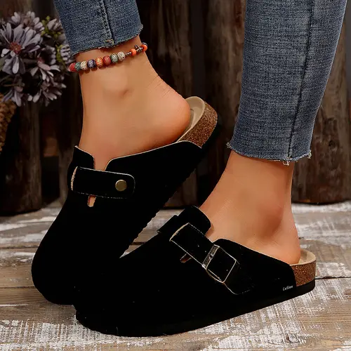 Womens Suede Half Head Sandals Comfort Soft Cork Sole with Adjustable Buckle for Outdoor Indoor