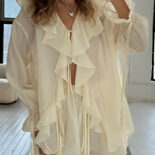 Women's Solid Ruffle Trim Loose Baggy Blouse & Shorts Two-Piece Set Ruffle Design Casual Long Sleeve Top & Shorts for Daily Wear, Ladies Two-piece Outfits for Summer