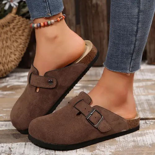 Suede Clogs for Women and Men - Adjustable Buckle Slip-on Cork Footbed Mules with Antislip Sole - Unisex Slippers Brown Springfresh Cork Platform Shoes Summer Vibes
