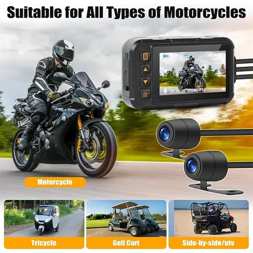 Hikity Motorcycle Front & Rear Dual Dash Cam - IP67 Waterproof 3.0in HD Dashboard Camera Recorder, 64GB TF Card, 12-24V to 5V, G-Sensor, Night Vision, Loop Recording, Split Screen, Automotive DVR, Cyclist Safety, Support Video Playback, Father's Day Gift,