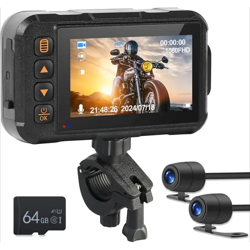 Motorcycle Dash Cam with 3" Screen, Dual Front-Rear Waterproof Lenses, 64G TF Card, 480p/720p Resolution, Night Vision, G-Sensor, Loop Recording, Car & Motorcycle Electronics Accessory, Father's Day Gift, 3 Inches, Audio Recording: Support, Car Cameras, D