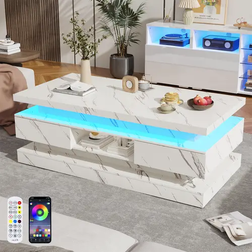 47.2 in Modern High-Gloss LED Coffee Table - Black Indoor Living Room Furniture with LED Lights, 2 Hidden Sliding Drawers, Double-Deck Design, Easy Setup, Glossy Finish, for Movie Night & Watch Party, Assembly Required