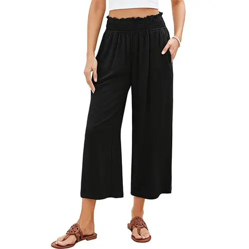GRAPENT Texairon Linen Capri Pants for Women High Waisted Wide Leg Linen Palazzo Trousers Pull On Elastic Smock Waist Loose Flowy Pants, Women's Clothes, Linen Pants Women,summerwins,summeroutfits,vacationoutfits,beachoutfits