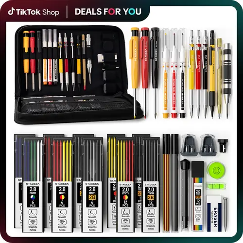 STAGEEK 34 Pack Carpenter Pencil Set with Sharpener,104 Pack Refills, Carbide Scribe Tool, Heavy Duty Construction Pencils for Architect Woodworking, Art Supplies - With Canvas Case