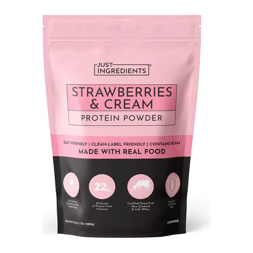 Just Ingredients Strawberries & Cream Protein Powder - 20 Serving Blend with 100% Grass-Fed Whey & Organic Plant Proteins – Real Strawberry Flavor – Supports Muscle Recovery, Energy*