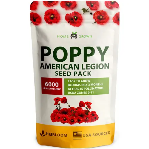 Home Grown American Legion Poppy Flower Seed Pack - 6000 Heirloom Seeds Inside, Full Sun, Fast Growth, 7-14 Day Quick Germination, Bold Colors, Covers 3000 Sq Ft, Beginner-Friendly, Zones 2-11 Grow, USDA Approved, Outdoor Home Planting
