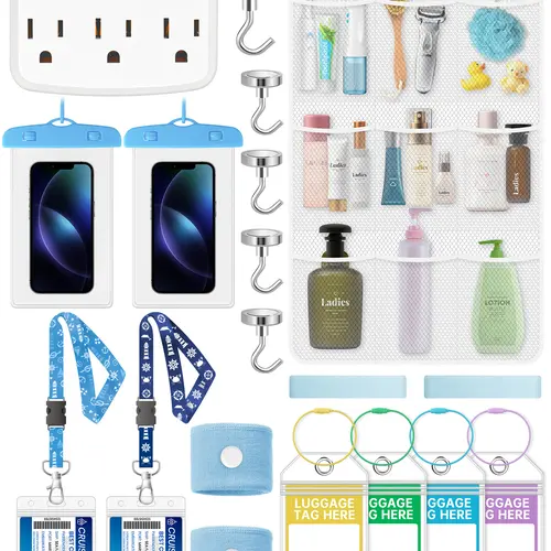NiHome 19-Piece Cruise Trip Essentials Kit – Power Strip, Waterproof Phone Bags, Luggage Tag Holders, Magnetic Hooks, Cruise Card Lanyards, Towel Bands, Anti-Seasickness Bands and Shower Organizer Bag