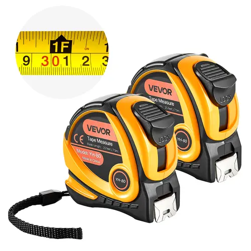 【toolupgrade】VEVOR 2-Pack Durable Tape Measure, 25 ft/7.62m Auto-Rewind Auto-Lock Carbon Steel Tool with 0-Error Hook, Imperial/Metric Dual Scale, Impact-Resistant ABS Case, Easy-Read Display for Construction, Home Renovations (Feet/Meters Measurement)