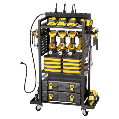 【DealsForYouDays】VEVOR Heavy Duty 4-Tier Rolling Power Tool Organizer Cart with Charging Station, 8 AC Outlets, Floor Stand Drill Holder, Lockable Tool Storage Rack for Workshop, Garage, Dad Gifts