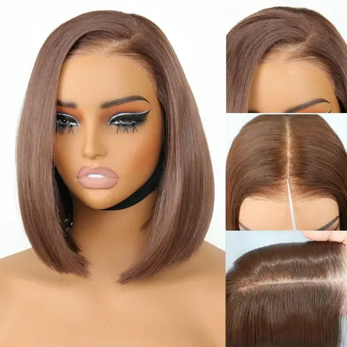 9x7 Glueless Synthetic Wear and Go Straight Wigs Double Drawn Bob Wig High Density, Natural Hairline with Tiny Knots