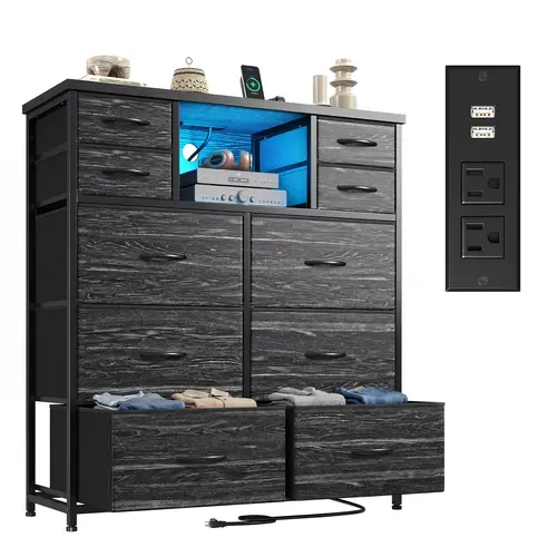 【Small Space Storage】Raybee 10 Fabric Drawers Dresser for Bedroom with Charging Station,45‘’ Sturdy Frame TV Stand & Dressers for Living Room,Easy assembly with clearly instructions,Easily Take Apart & Put Back,Serial Movers Picks, Apartment Essentials