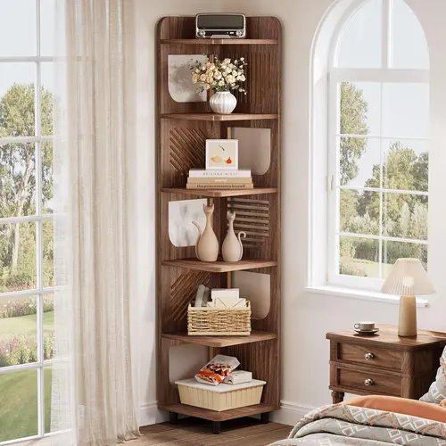 LITTLE TREE 6-Tier Tall Corner Shelf, 71-Inch Rustic Narrow Corner Bookshelf Bookcase with Square Rack, Freestanding Corner Display Storage Shelf Organizer for Living Room, Kitchen, Office