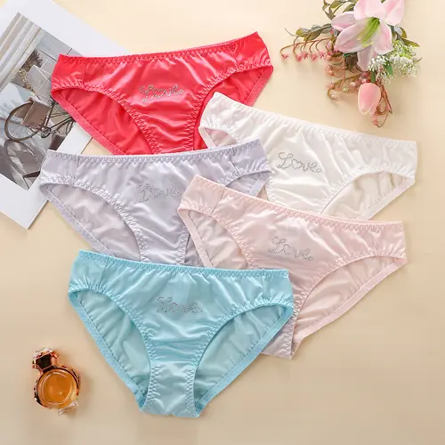 Women's 5-Piece Preppy Lingerie Panties - Solid Color Satin Briefs with Ruffle Detail, Crystal Letters Add Glam, Breathable Seamless Soft Comfy Underwear