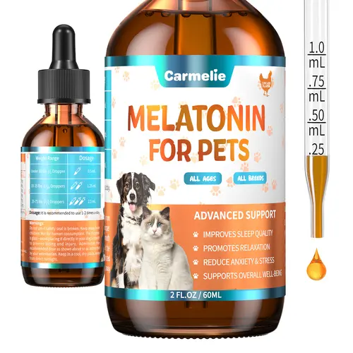 Carmelie Natural Melatonin Calming Syrup Supplements for Dogs - Chicken Flavor 60ml Daily Formula, Single Bottle for Anxiety Relief, Relaxation, Travel Stress Help, Better Sleep & Mood Support (Mix With Food)