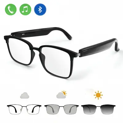 Oval Smart Audio Glasses - Multifunctional Audio Sunglasses, Photochromic Polarized Sun Lenses, High-Resolution Sound, UV/Blue Light Protection, Music, Hands-Free Calls, Bluetooth, Built-In Battery, Chic Design for Multi-Sports, Driving (Black Gold)