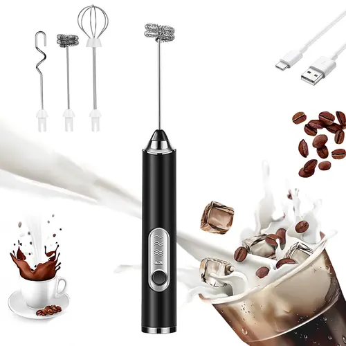 Cordless Electric Handheld Milk Frother - Coffee Equipment with 3 Stainless Steel Heads, High Speed, 3 Adjustable Speeds, USB-Rechargeable, Low Noise Operation for Cappuccino, Latte