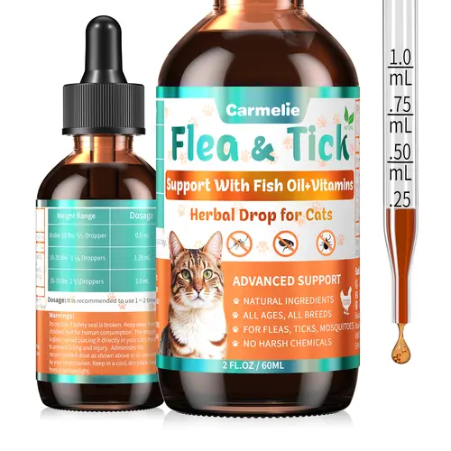 Carmelie Flea & Tick Support Drops for Cats & Kittens - Natural Liquid Supplement with Fish Oil, Vitamins, Wormwood, Chicken Flavor, Fur & Skin Care, Coat Hydration Help for All Breeds (2-4 Weeks Supply), Pumpkin Seed Blend, No Harsh Chemicals
