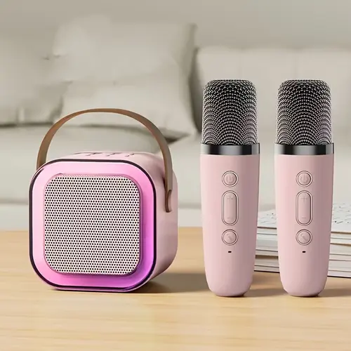 Mini Bluetooth Karaoke Machine - Portable Rechargeable Speaker with 2 Wireless Microphones, Magic Voices, Colorful Lights, Breathtaking Stereo Sound, Unisex Birthday Gift for Kids, Gifts for 9–10 Girls, Ideal for Parties & On-The-Go Use