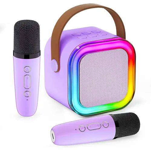 Mini Portable Karaoke Machine Toy with 2 Wireless Microphones, Portable Speaker, 5 Voice Effects, LED Lights, 6-10h Rechargeable Battery, Easy Operation - TV Compatible Kids Toy, Birthday Gift for 9-10 Girls, Boys, Family Gatherings