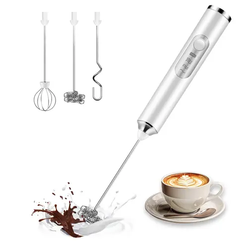 3-Head Cordless Milk Frother & Coffee Frother Mixer, USB Rechargeable Portable Handheld Beverage Blender with 3-Speed Adjustable Wand, Powder Mix Hook for Latte, Cappuccino
