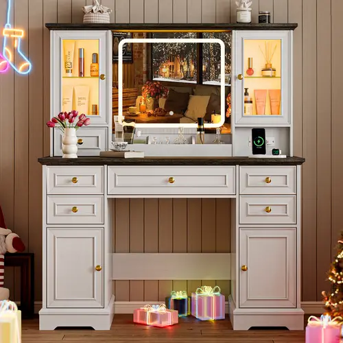 Farmhouse Modern Sturdy Traditional Makeup Vanity Desk with Adjustable LED Mirror, Auto-Color Changing RGB Lights Glass Cabinets, 6 Drawers & Storage Shelves - Bedroom Makeup Organization Table, Gift Idea