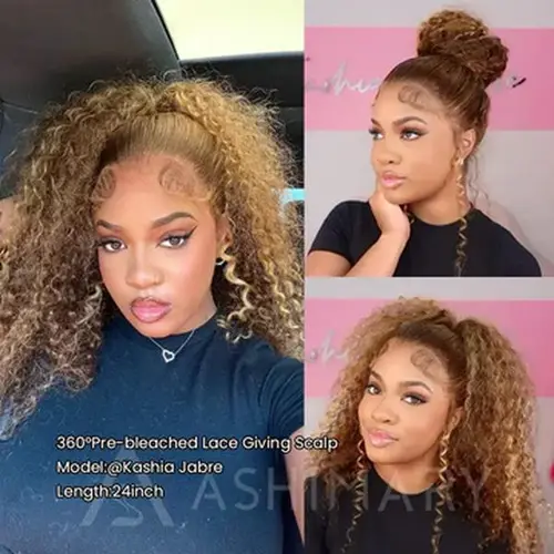 Ashimary Human Hair 360 Skin Lace Wig, Invisi-Strap Glueless Water Wave Wig, P4/27 Highlight Ombre Color, Pre-Plucked Design