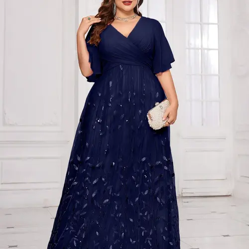 [Plus Size] Glitter Sequin Embroidery Lace Trim Embellished Dress, Elegant V Neck Long Sleeve Formal Wear Evening Party Gown, Women's Clothes for All Seasons, Womenswear