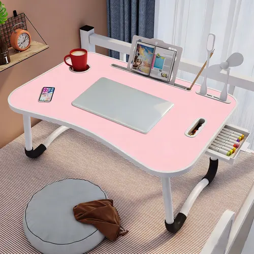 Laptop Bed Desk, Portable Foldable Laptop Table, Lap Desk Tray Table with 4 USB Ports, Storage Drawer and Cup Holder, for Bed/Couch Working, Reading - Black/White/Pink/Blue/Green/Woodgrain